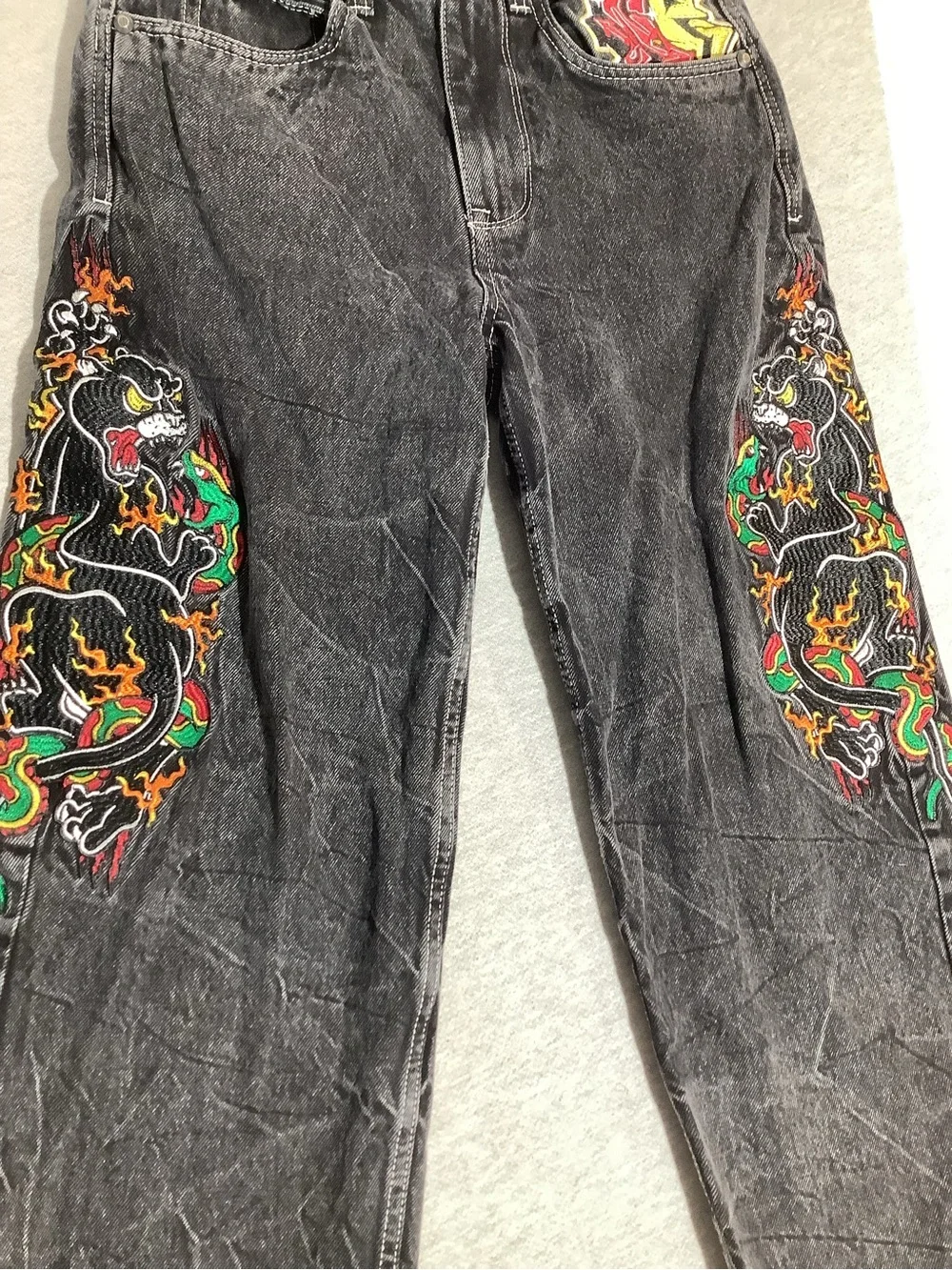 Ambush Acid Wash Black Jeans with Embroidered Jaguar Panels